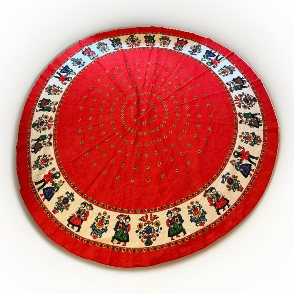 Vintage Austrian Folk Art Round Tablecloth 62” Red Floral DELLA TORRE 3757/20 - Picture 2 of 16
